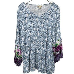 STYLE & Co. Womens Top Plus Size 1X Blue Paisley Ruffle Sleeve Boho Tunic Tee